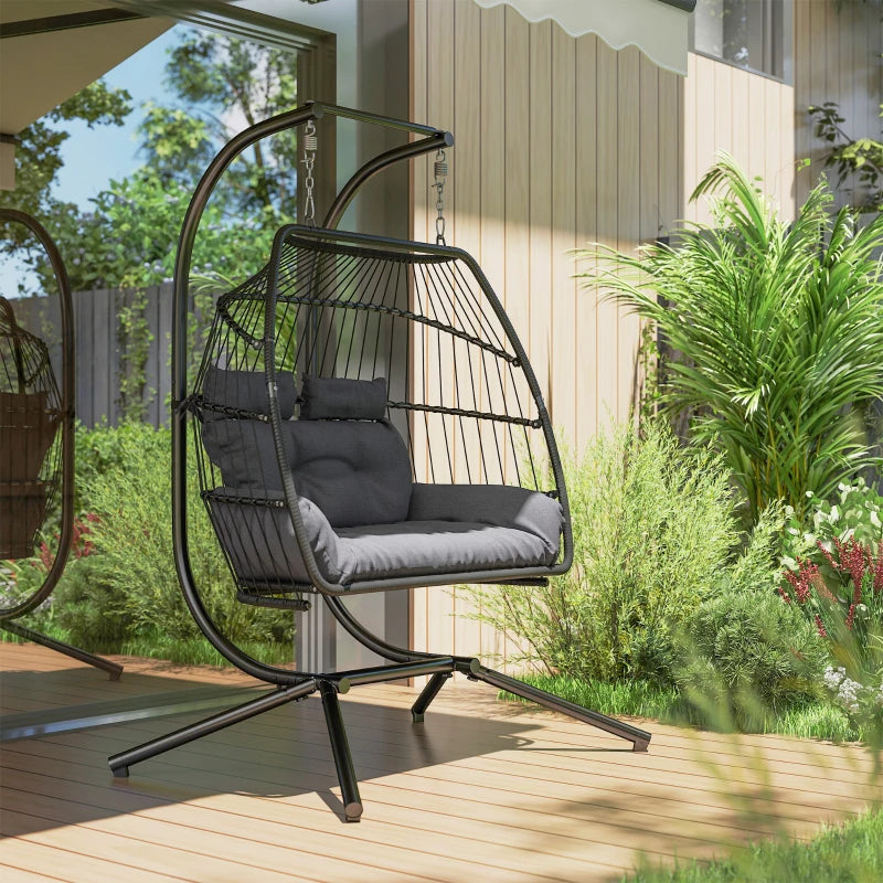 Double Wicker Egg Swing Chair with Stand, Foldable Hanging Egg Chair with UV Resistant Cushion, Headrest, Dark Grey
