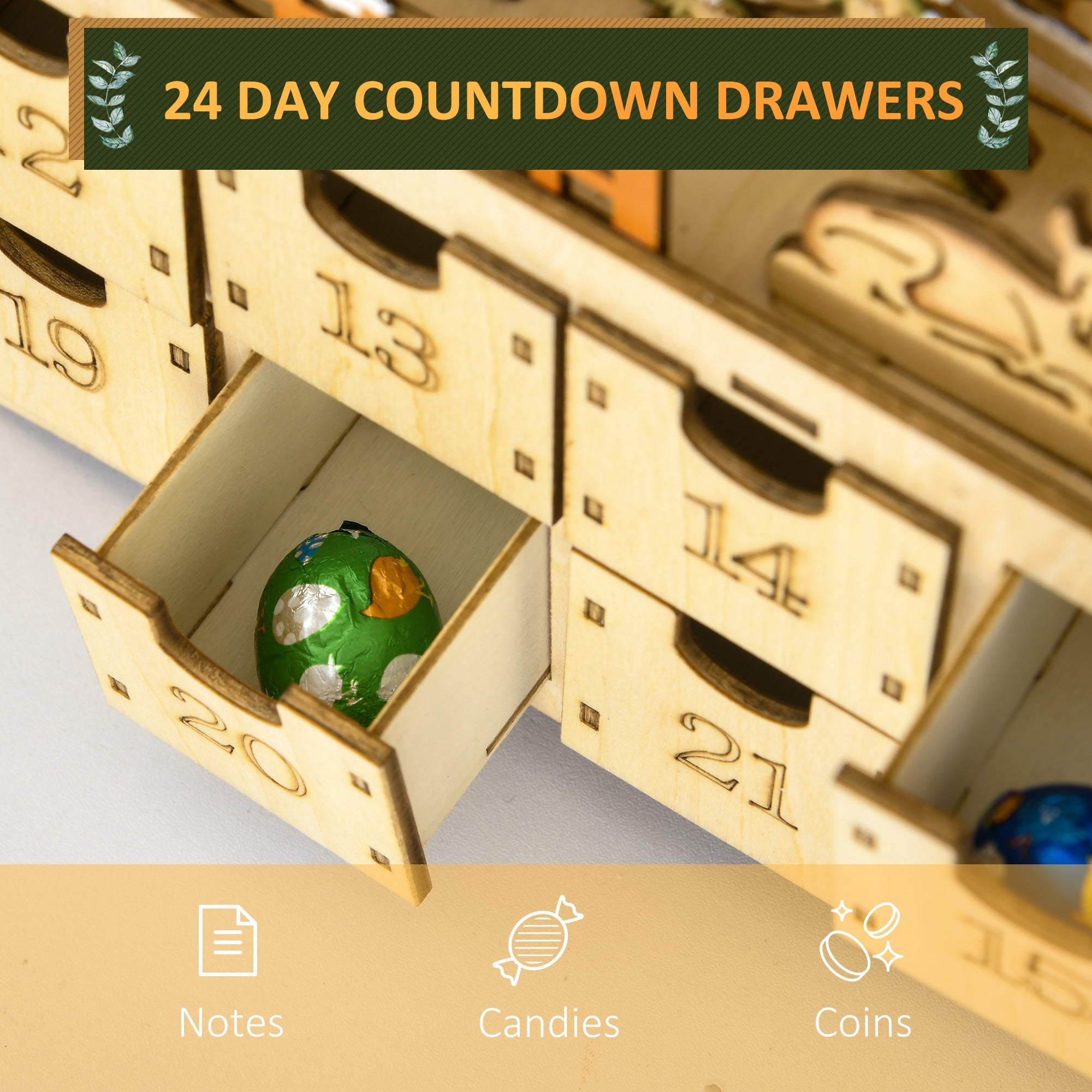 HOMCOM Festive Advent Calendar - Wooden Countdown with 24 Drawers, LED Lights, Battery-Operated Table Decor 