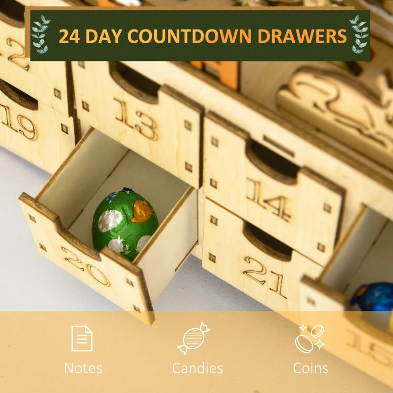 HOMCOM Wooden Christmas Advent Calendar – 24 Fillable Countdown Drawers with LED Lights, Battery Operated, Reusable 