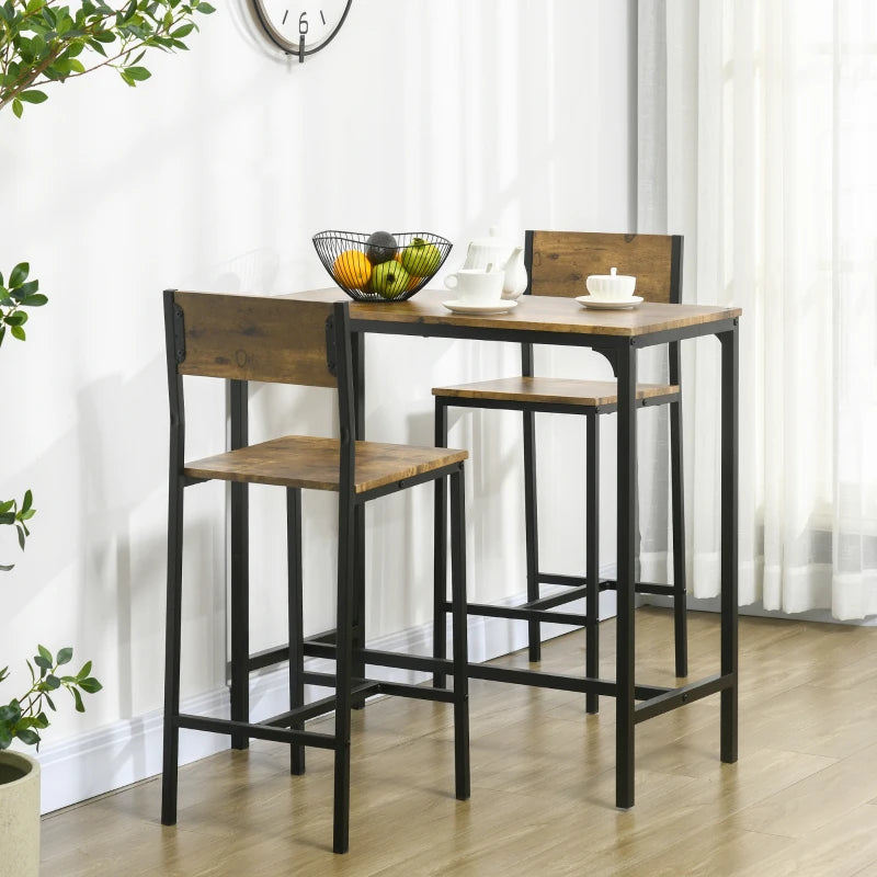 Industrial Bar Table Set Counter Height 3 Piece and 2 High Back Stools Set Dining Table Set Rustic Brown