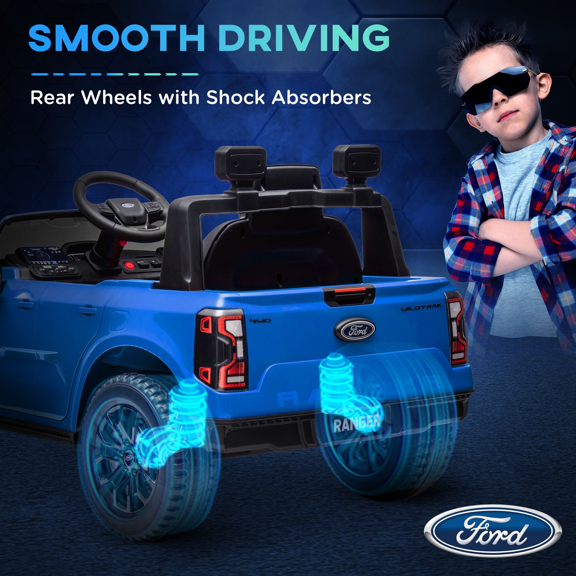 Qaba Ford Ranger Licensed 12V Ride on Car Battery Powered Kids Truck w/ Rear Storage Remote, Spring Suspension, Blue 