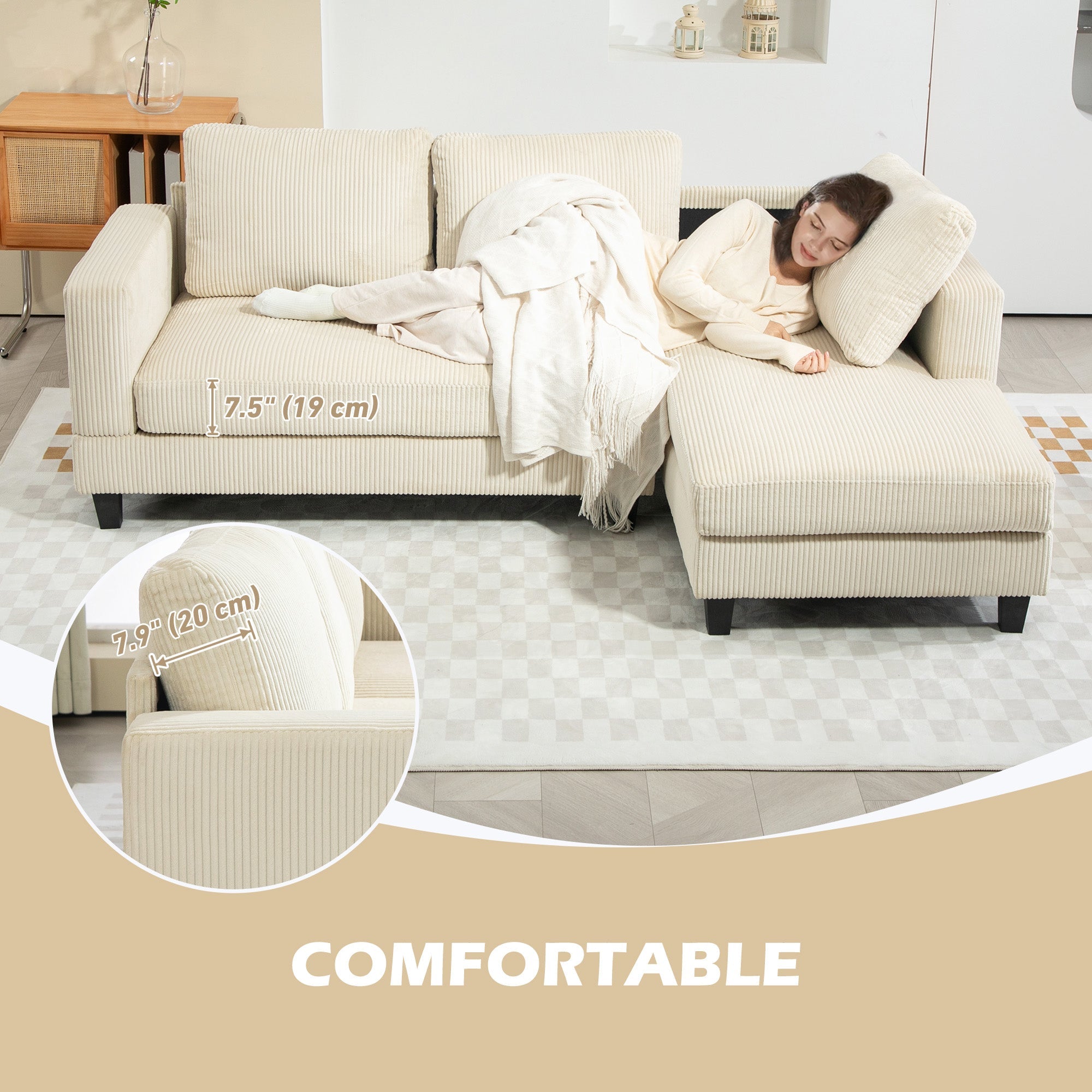 HOMCOM L Shaped Couch, L Shape Sofa with Chaise Lounge and Spring Cushion for Living Room, Bedroom, Beige 