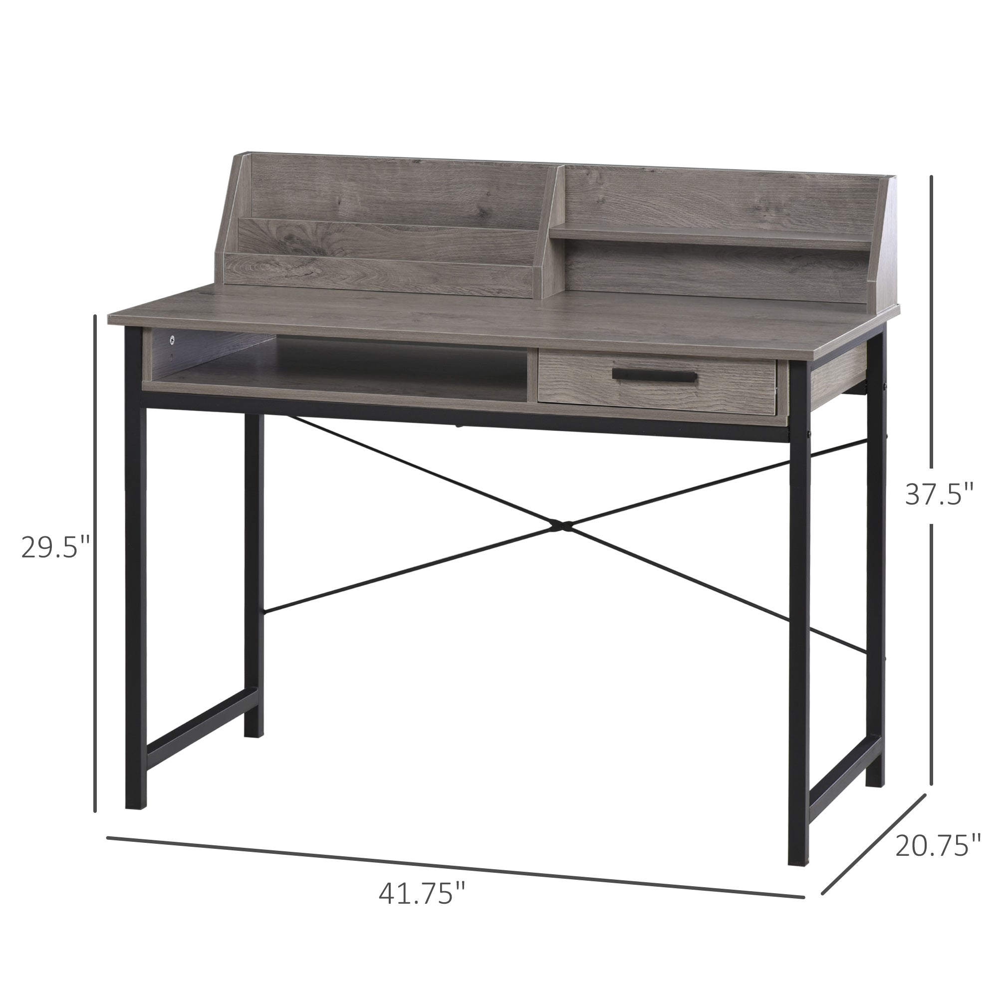 HOMCOM Grey Industrial Computer Desk with Drawer & Open Shelves - Stylish Writing Table with Hutch for Home Office 