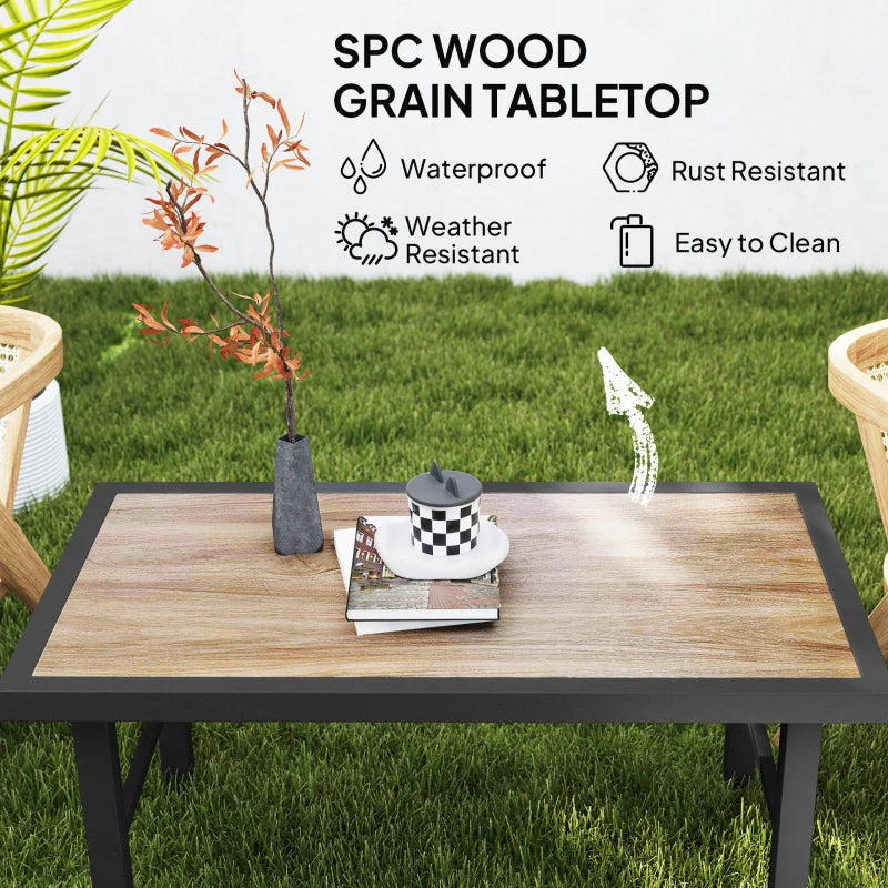 Outdoor Side Table with SPC Woodgrain Tabletop, Metal Patio Coffee Table for Outside Garden, Brown