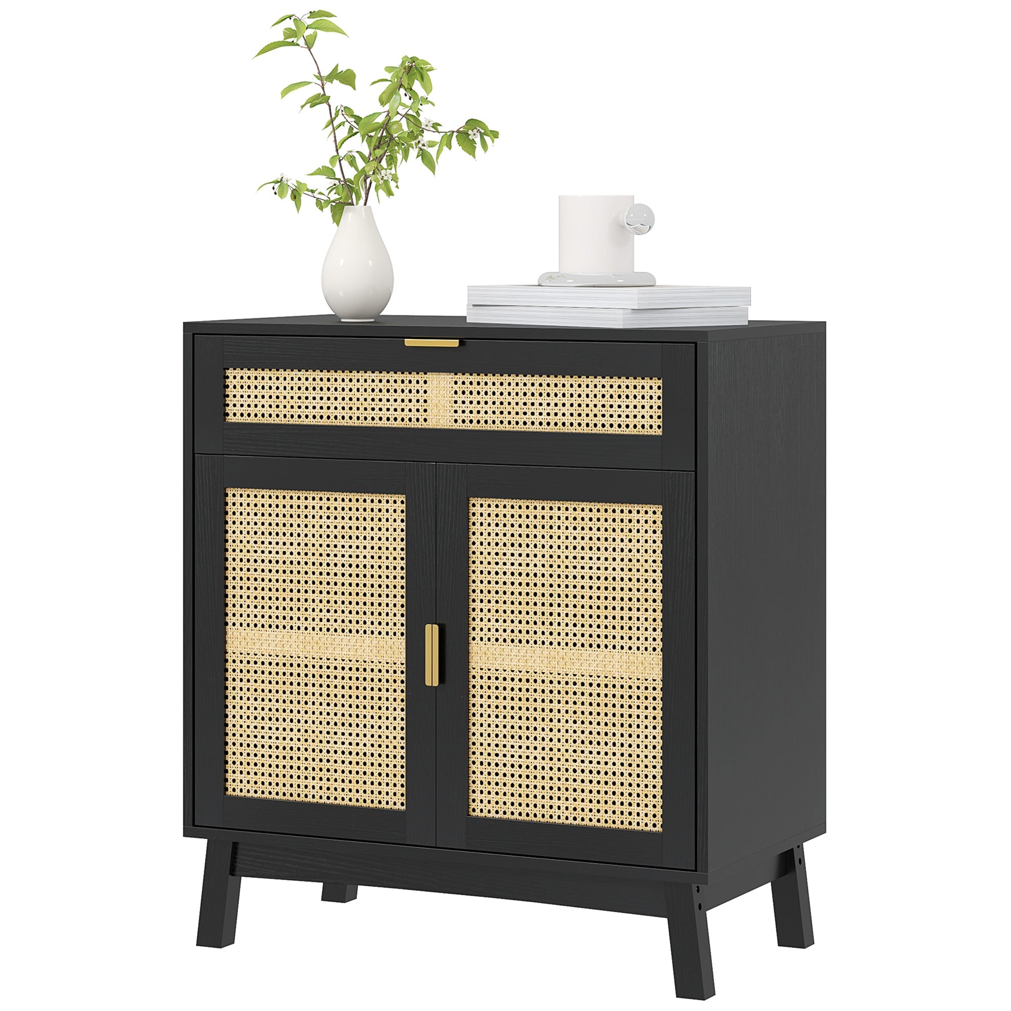 HOMCOM Boho Sideboard Storage Cabinet with Rattan Doors, Black 