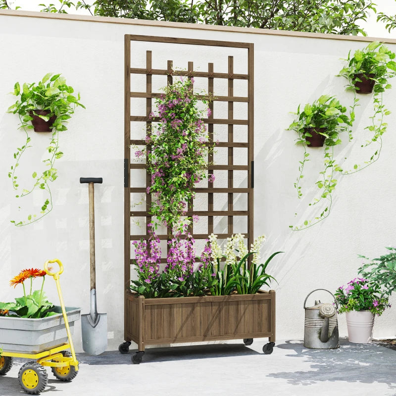 Wooden Planter with Trellis, Raised Garden Bed with Wheels, Drainage Holes for Climbing Plants, Flowers, Brown