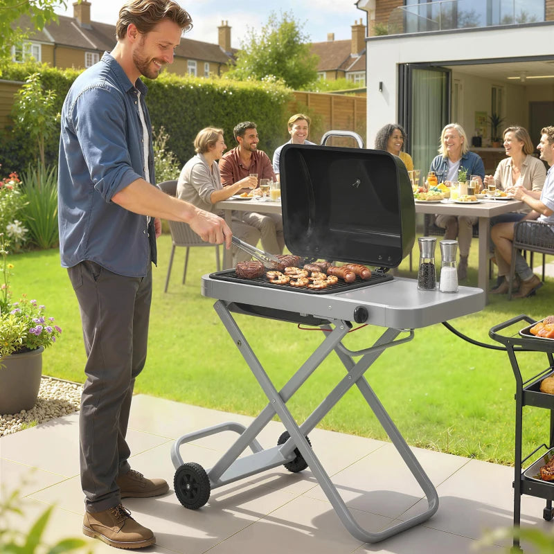 Outsunny Portable Propane Gas BBQ Grill with Foldable Cart, Wheels, 9500 BTU Gas Barbecue Grill with Piezo Ignition Burner, Black