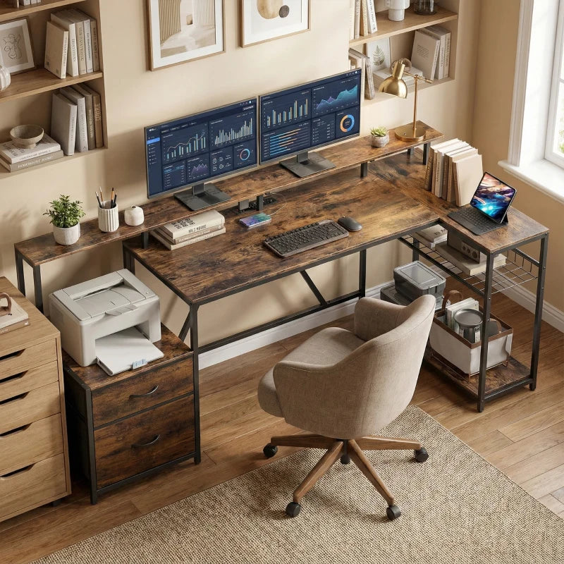 76" Gaming Desk, Computer Table with RGB Lights, USB Ports, Monitor Stand and 2 Fabric Drawers, Rustic Brown