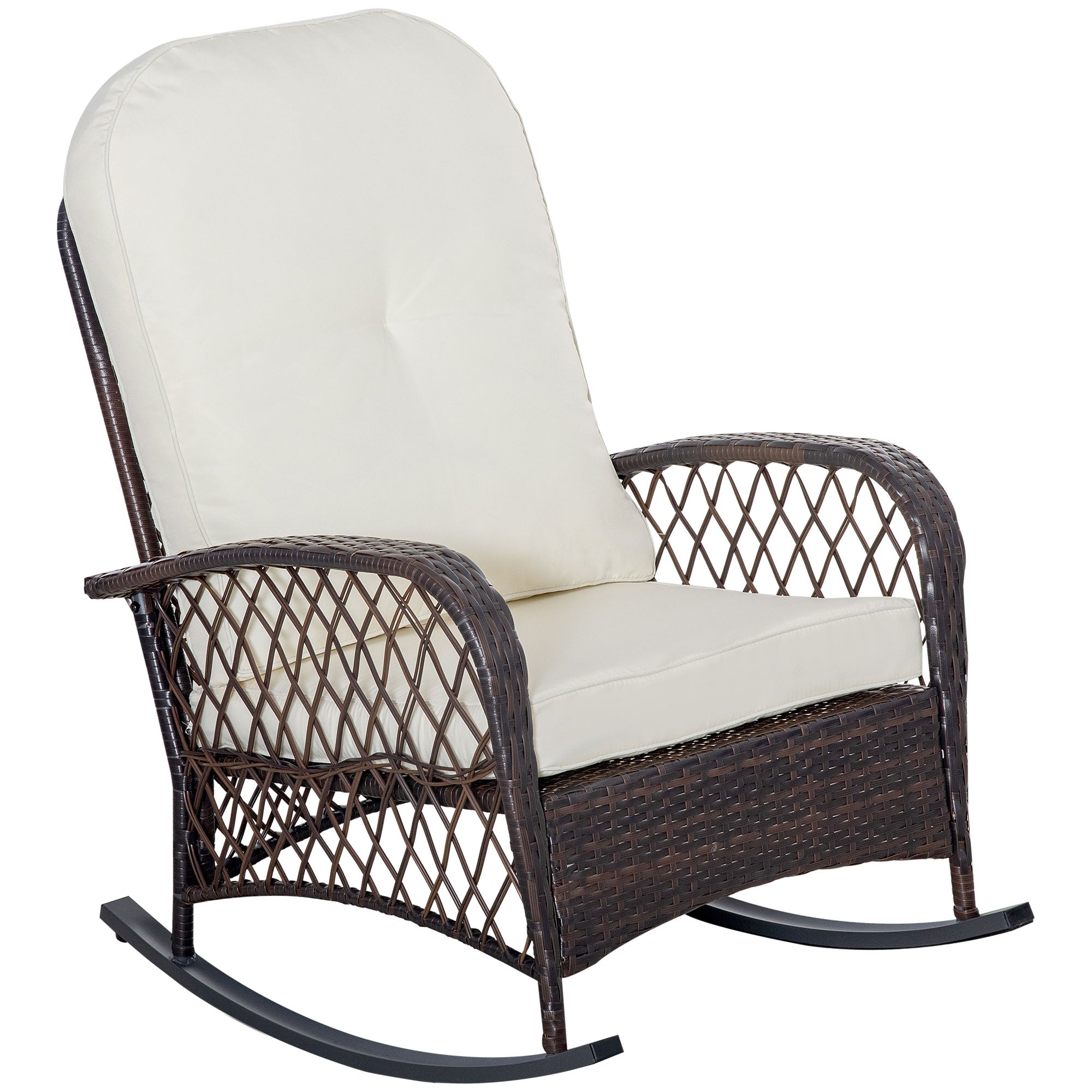 Outsunny Rattan Rocking Chair Outdoor Wicker Glider PE Rattan, Patio Recliner Rocker Chair Furniture with Soft Cushion 