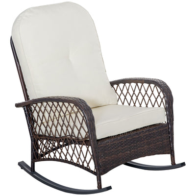 Outsunny Rattan Rocking Chair Outdoor Wicker Glider PE Rattan, Patio Recliner Rocker Chair Furniture with Soft Cushion 