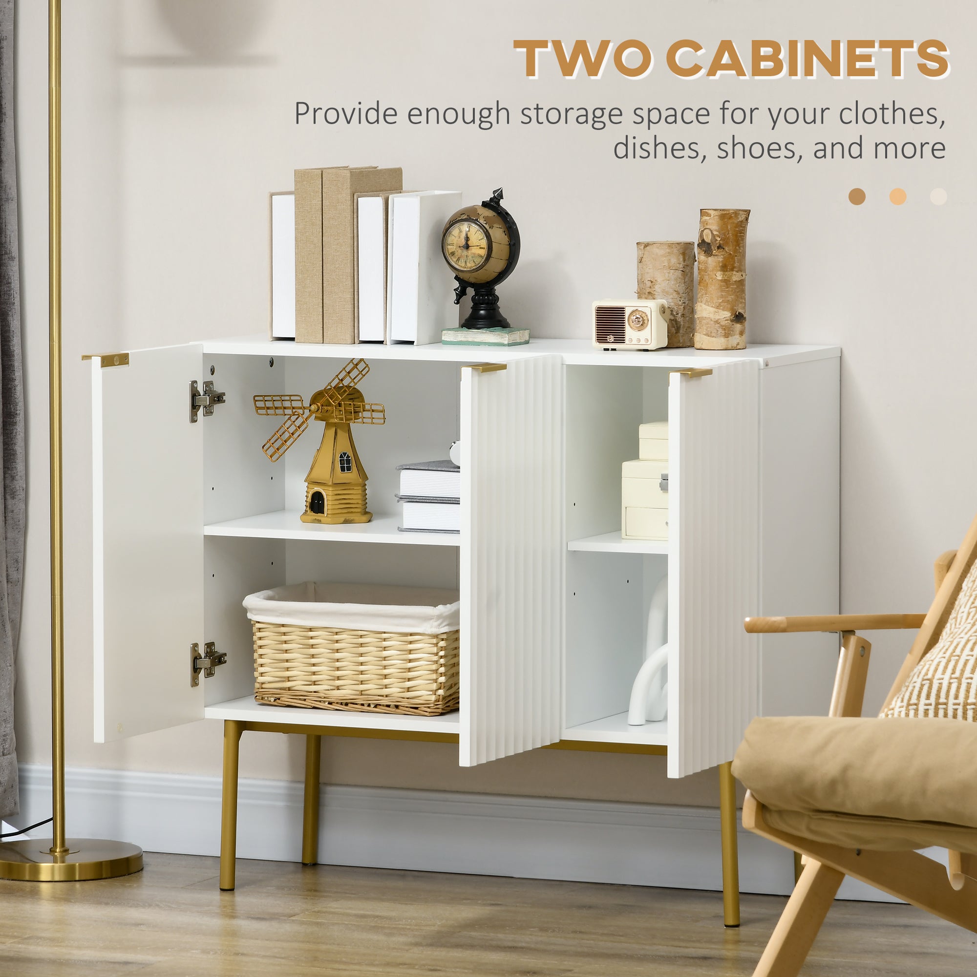 HOMCOM Elegant Storage Cabinet Sideboard with Gold Legs Spacious Buffet for Dining Living Room Hallway White 