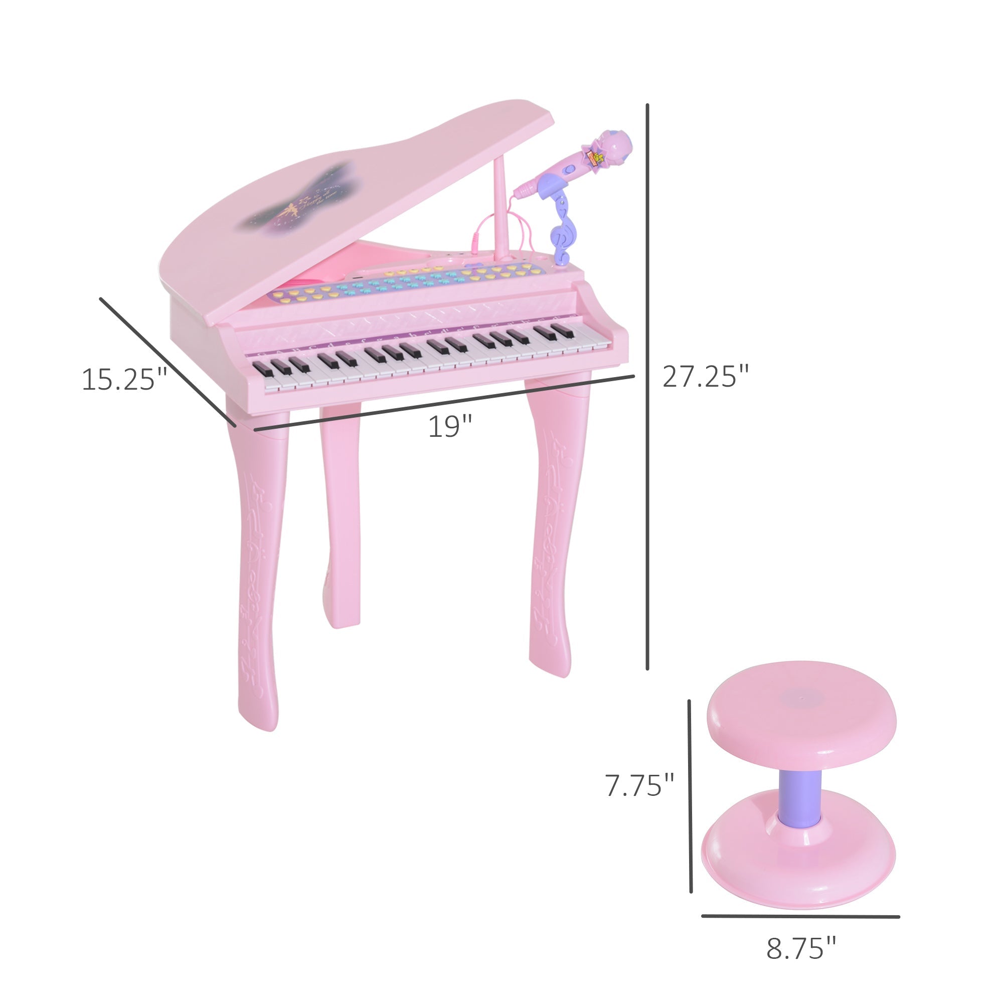 Qaba Mini Electronic Piano: 37-Key Keyboard, Multifunctional Musical Toy with Microphone, Stool for Kids - Pink 