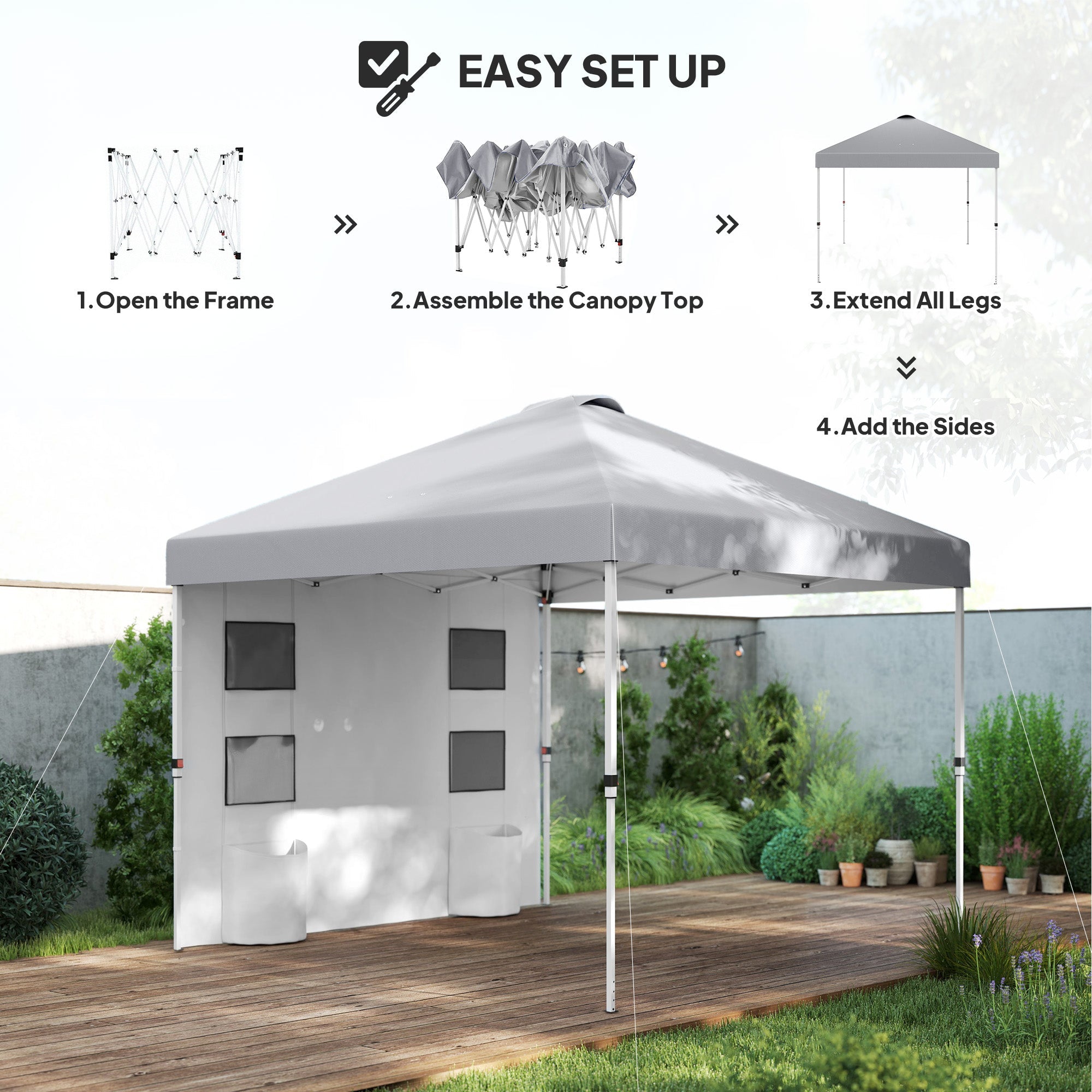 Outsunny 10' x 10' Pop Up Canopy Tent with Sidewall, Height Adjustable Instant Sun Shelter with Storage Pockets, Light Grey 