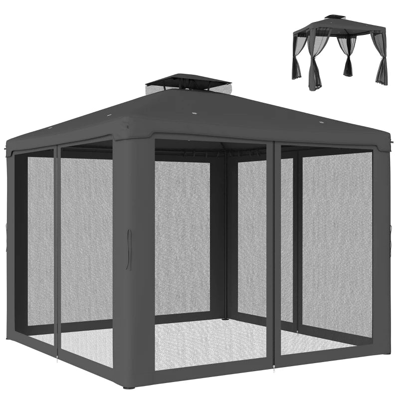 9.6' x 9.6' Patio Gazebo Outdoor Pavilion 2 Tire Roof Canopy Shelter Garden, Steel Frame w/ Mosquito Netting, Dark Grey
