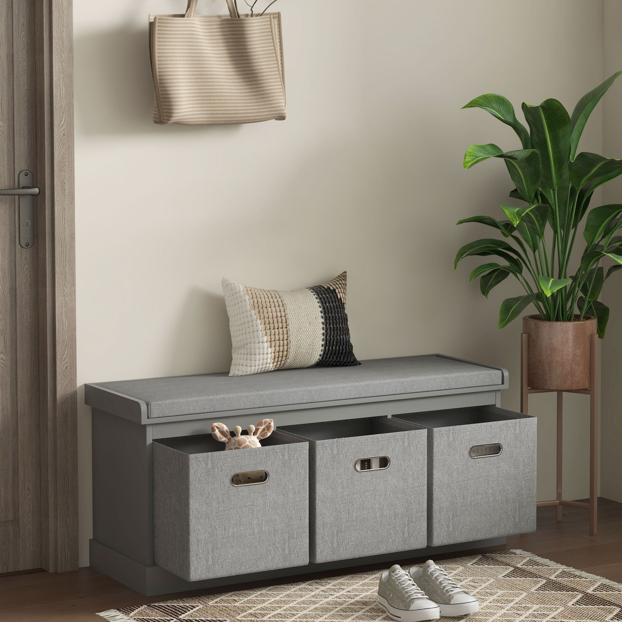 HOMCOM Shoe Storage Bench with Seat, Entryway Bench Seat with Cushion, 3 Fabric Drawers for Hallway, Grey 