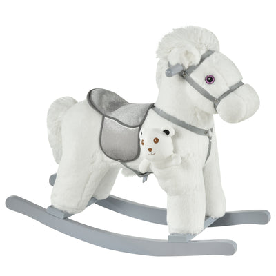 Qaba Kids White Plush Rocking Horse - Soft Bear Ride-On Toy with Fun Sounds, Comfortable Children's Chair 