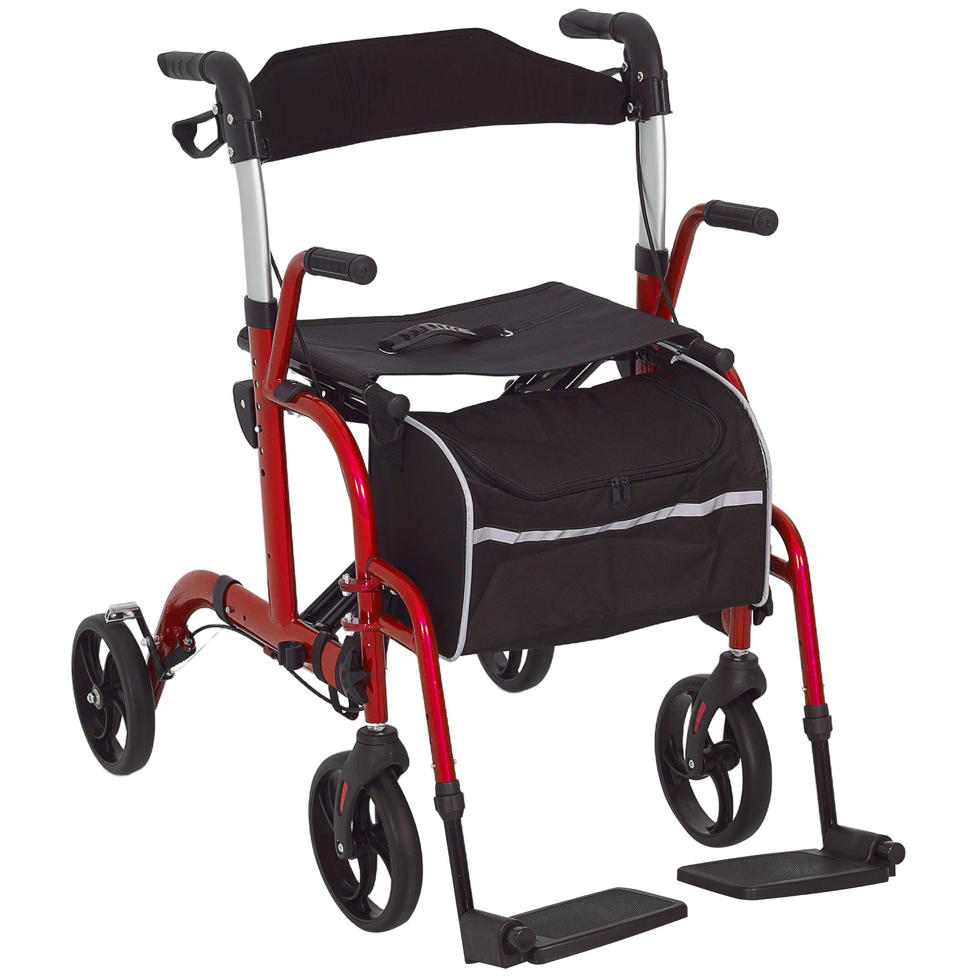 HOMCOM Rollator Walker with Seat, Folding Rolling Walker with 8" Wheels, Walker for Seniors with Adjustable Height, Red 