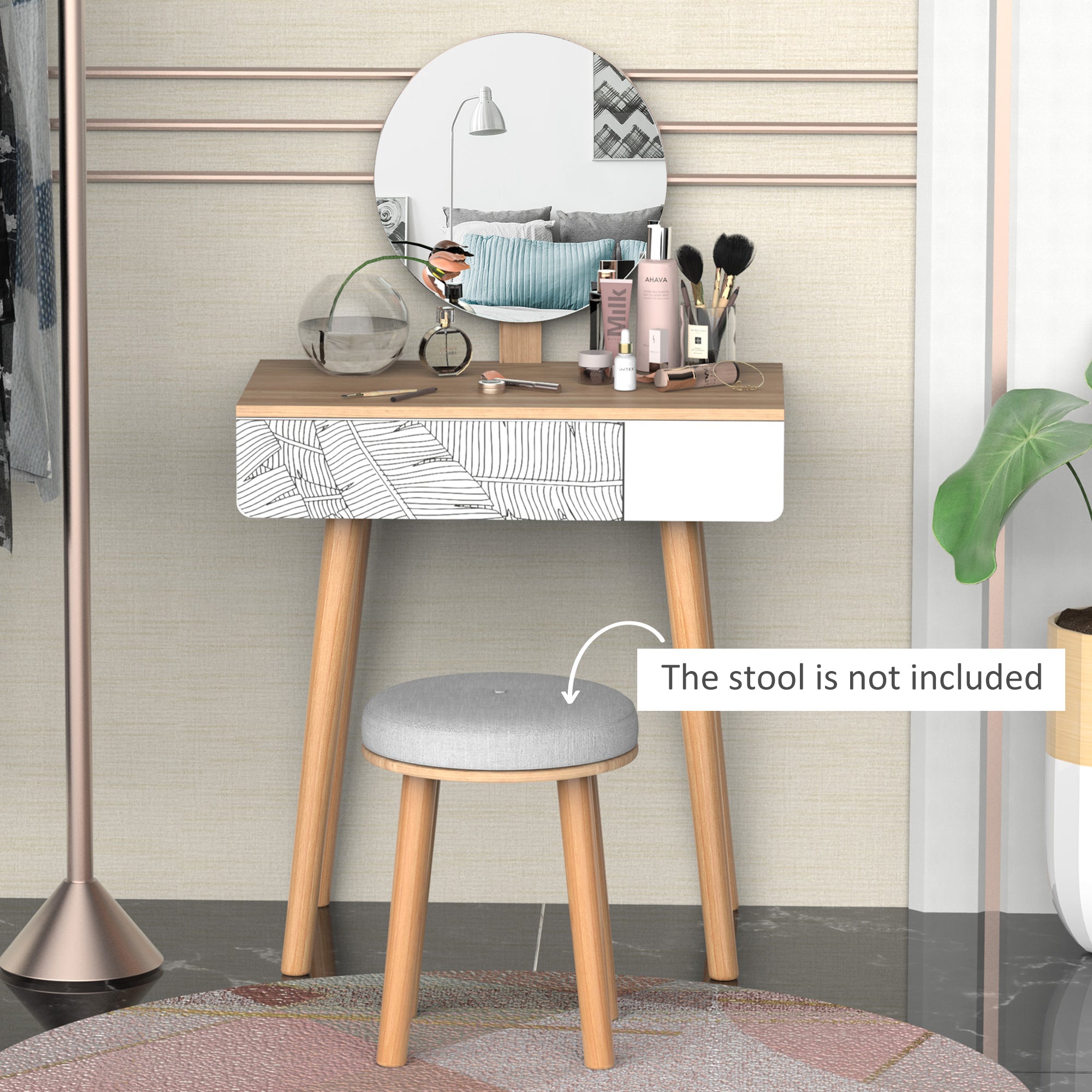 HOMCOM Dressing Makeup Desk Oak Color with Drawer and Mirror Wooden Small Elegant Durable for Bedroom 