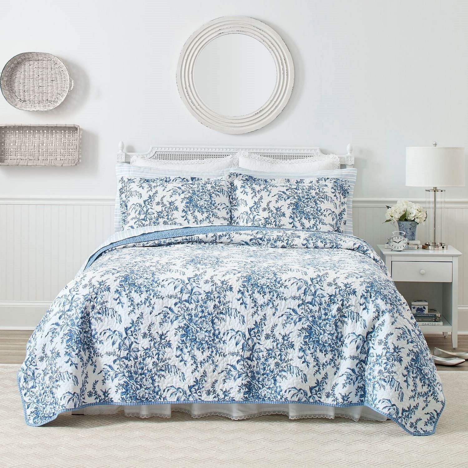 King size 3 Piece Bed-in-a-Bag Reversible Blue White Floral Cotton Quilt Set - Free Shipping