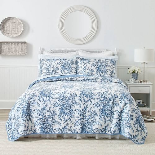 King size 3 Piece Bed-in-a-Bag Reversible Blue White Floral Cotton Quilt Set - Free Shipping