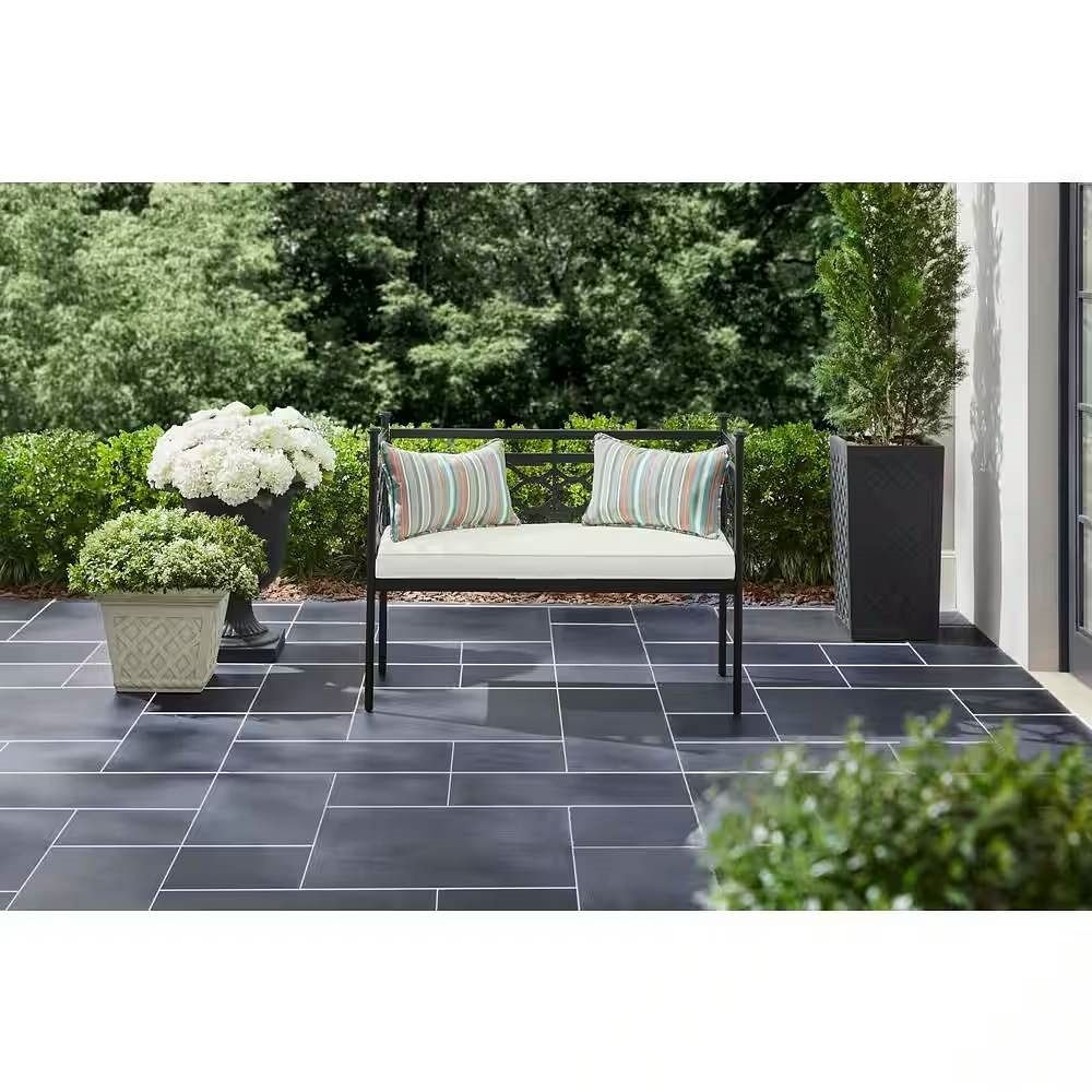 Outdoor Patio Black Metal Garden Bench with White Natural Seat Cushion - Free Shipping