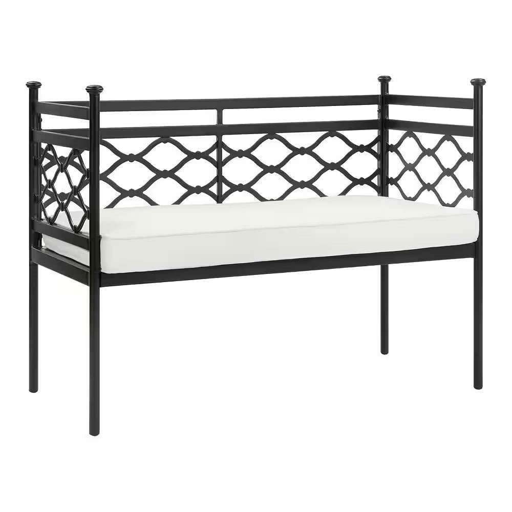 Outdoor Patio Black Metal Garden Bench with White Natural Seat Cushion - Free Shipping