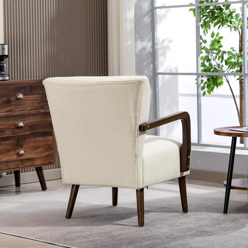 Accent Chair with Wooden Legs, Linen Fabric Armchair with Thick Padding, Comfy Chair for Living Room, Cream White