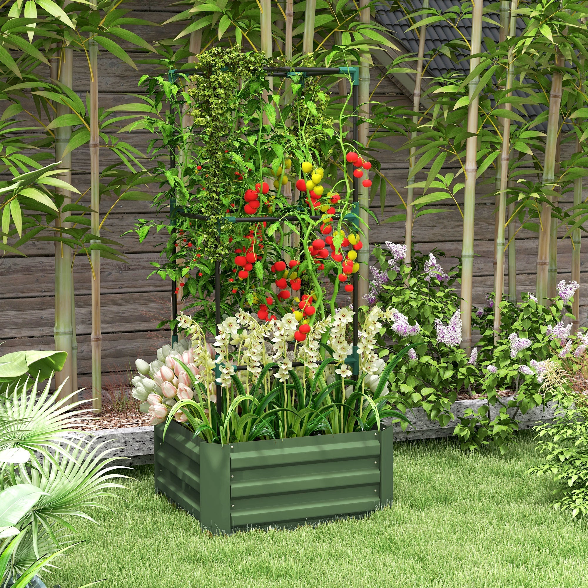 Outsunny Galvanized 3-Tier Planter Box Raised Garden Bed Trellis Tomato Cage Climbing Vines Veggies Green Patio 