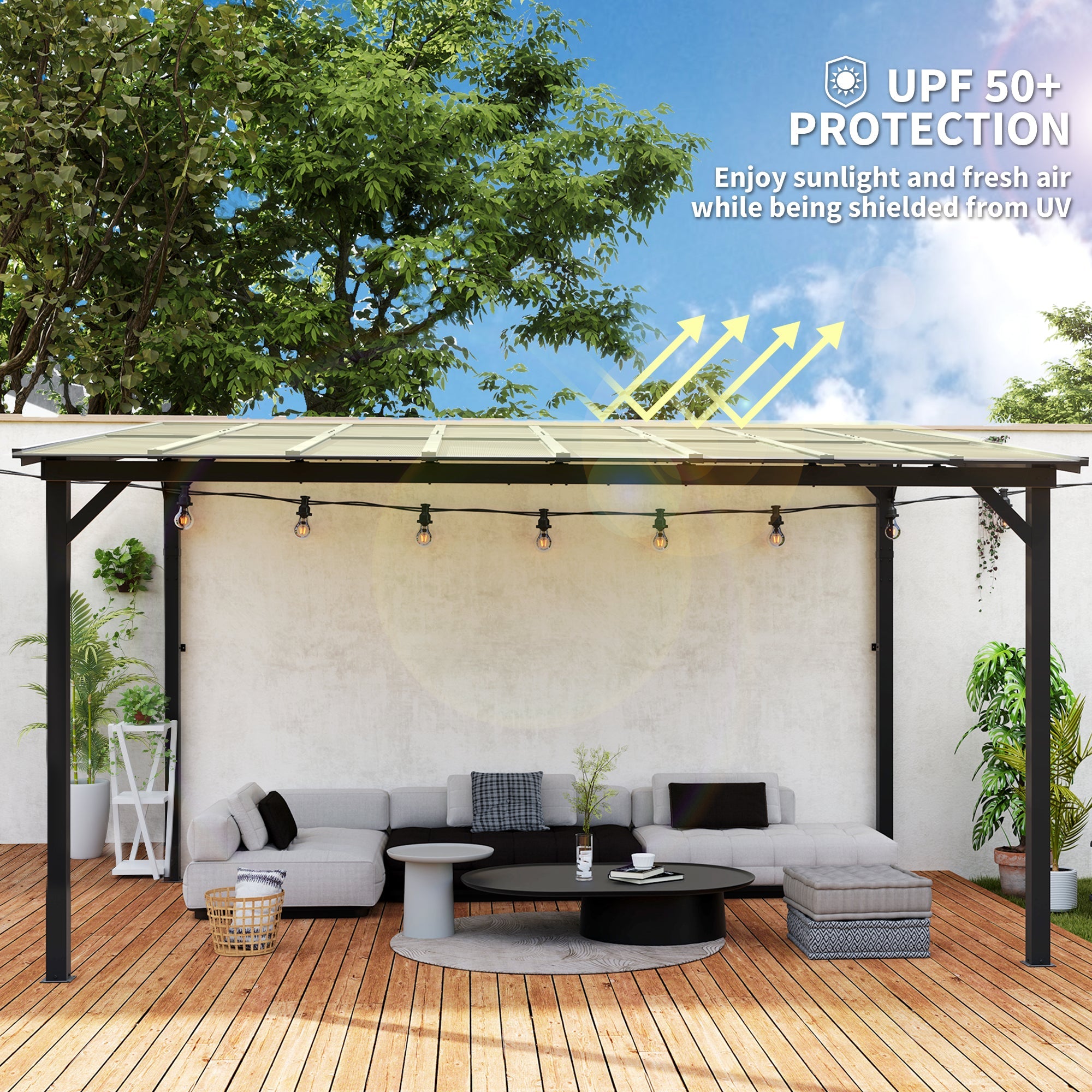Outsunny 10' x 14' Hardtop Gazebo Wall-Mounted / Free Standing Outdoor Pergola with UPF 50+ & Waterproof Polycarbonate Roof 