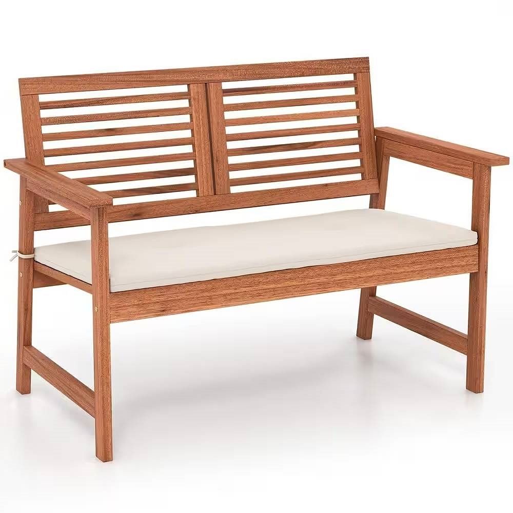 Solid Wood Outdoor Patio Garden Bench w/ Slatted Back Armrests and Seat Cushion - Free Shipping