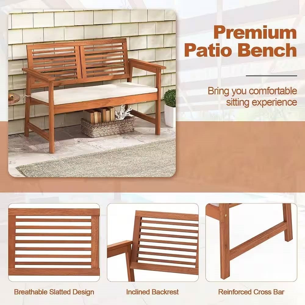 Solid Wood Outdoor Patio Garden Bench w/ Slatted Back Armrests and Seat Cushion - Free Shipping