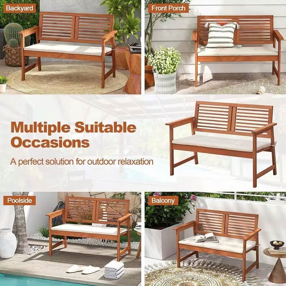 Solid Wood Outdoor Patio Garden Bench w/ Slatted Back Armrests and Seat Cushion - Free Shipping