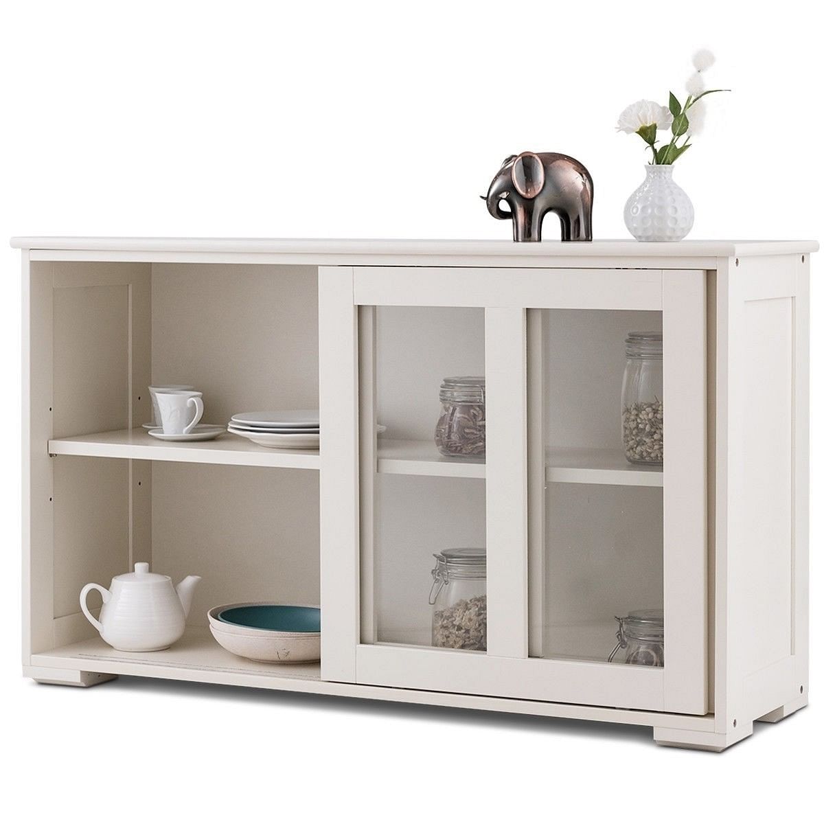 Modern Cream White Wood Buffet Sideboard Cabinet with Glass Sliding Door - Free Shipping 