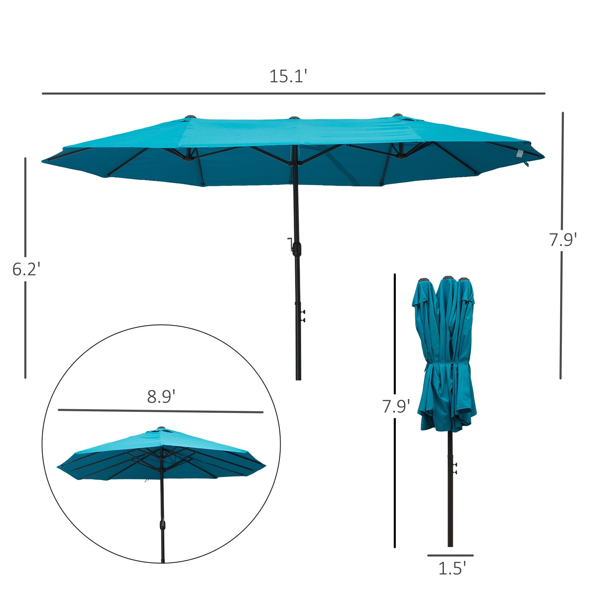 Outsunny 15' Double Canopy Patio Umbrella Sunshade Steel w Lift Crank Sky Blue 