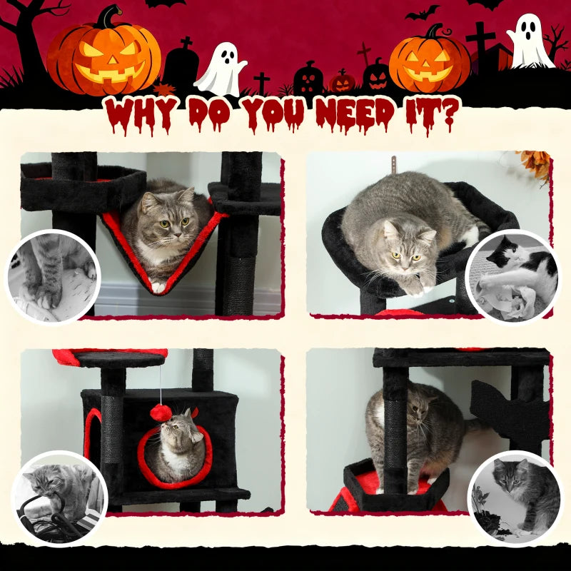 Gothic Cat Tree, 60" Tall Cat Tower with Coffin Bed,  Sisal Scratching Posts & Ramp, Condo, Hammock, Perches, Black