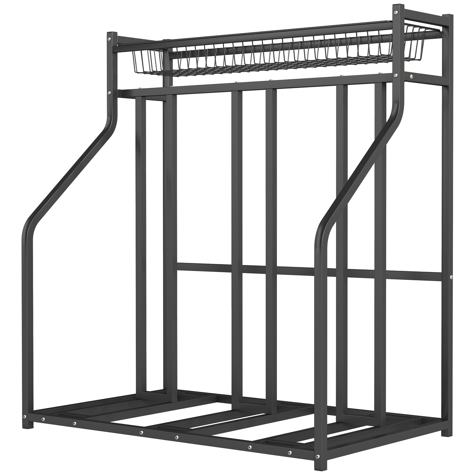 Soozier 3 Bicycle Bike Stand, Metal Floor Bike Storage Rack with Basket, Hooks, Indoor Outdoor Bicycle Stand, Black 