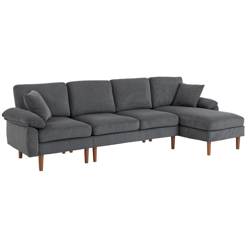 L-Shape Sofa with Changeable Chaise Lounge, 2 Pillows and Wooden Legs, Modern Sectional Couch for Living Room, Dark Grey