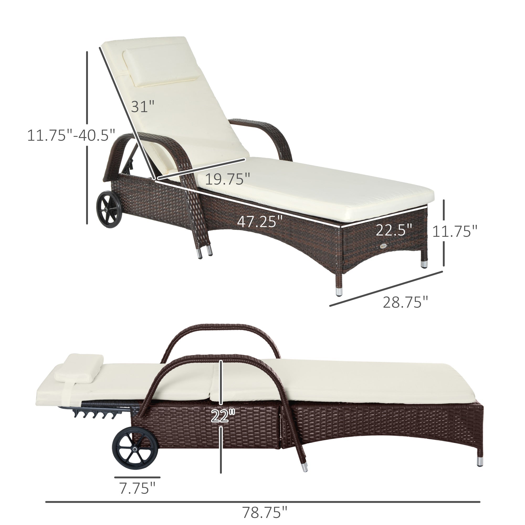 Outsunny Adjustable Wicker Sun Lounger Outdoor Recliner Chair Garden Chaise Lounge with Cushion, Brown 