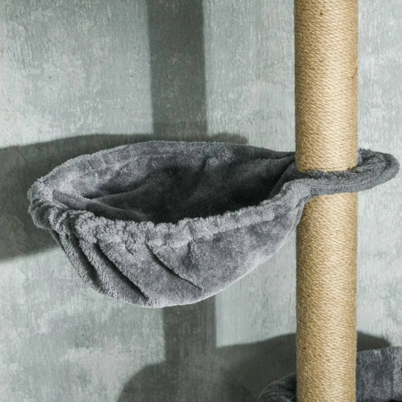 Floor to Ceiling Cat Tree, 90.5" - 98.5" Cat Tower with Scratching Post, Dangling Balls, Platforms, Bed, Hammock, Grey