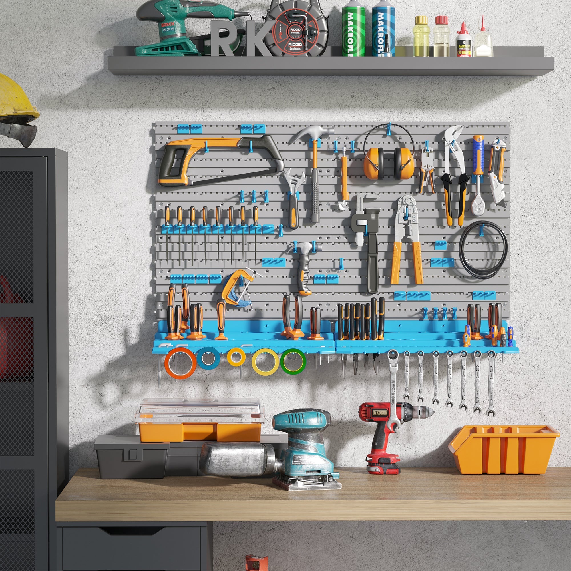 DURHAND Pegboard Perfection: 54-Piece Wall Mount Garage Storage Solution with Blue Hooks for Organized Efficiency 