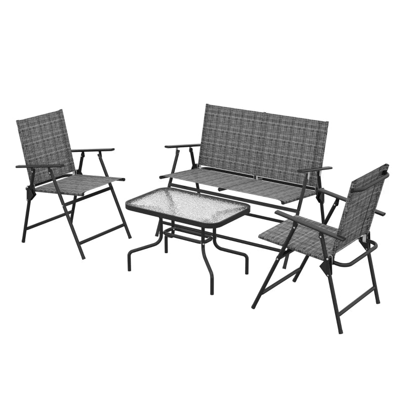 Outdoor 4 Pieces Patio Furniture Set, Garden Set with Two Foldable Armchairs, a Loveseat & Glass Top Table, Mixed Grey