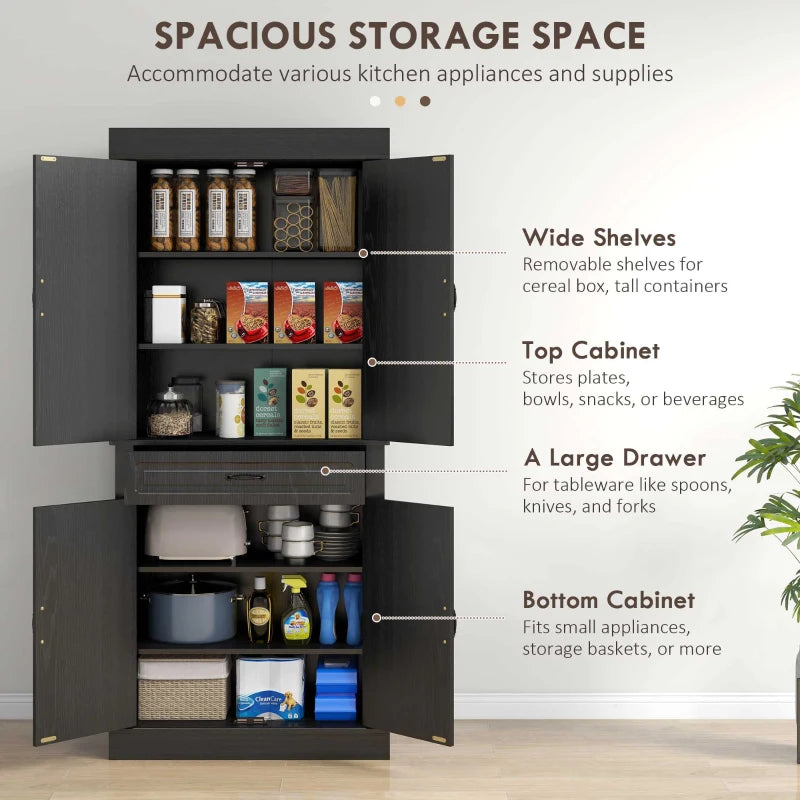 71" Freestanding Kitchen Pantry with 4 Doors and 2 Cabinets, Tall Storage Cabinet for Kitchen, Distressed Black