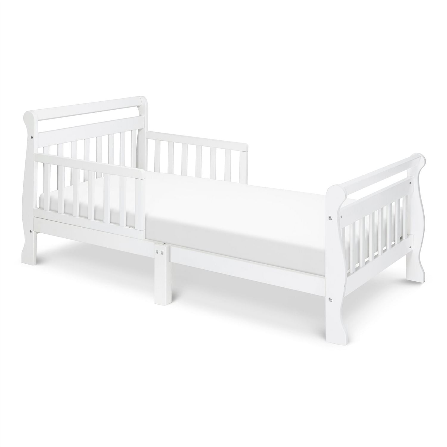 White Wooden Modern Toddler Sleigh Bed with Slatted Guard Rails - Free Shipping