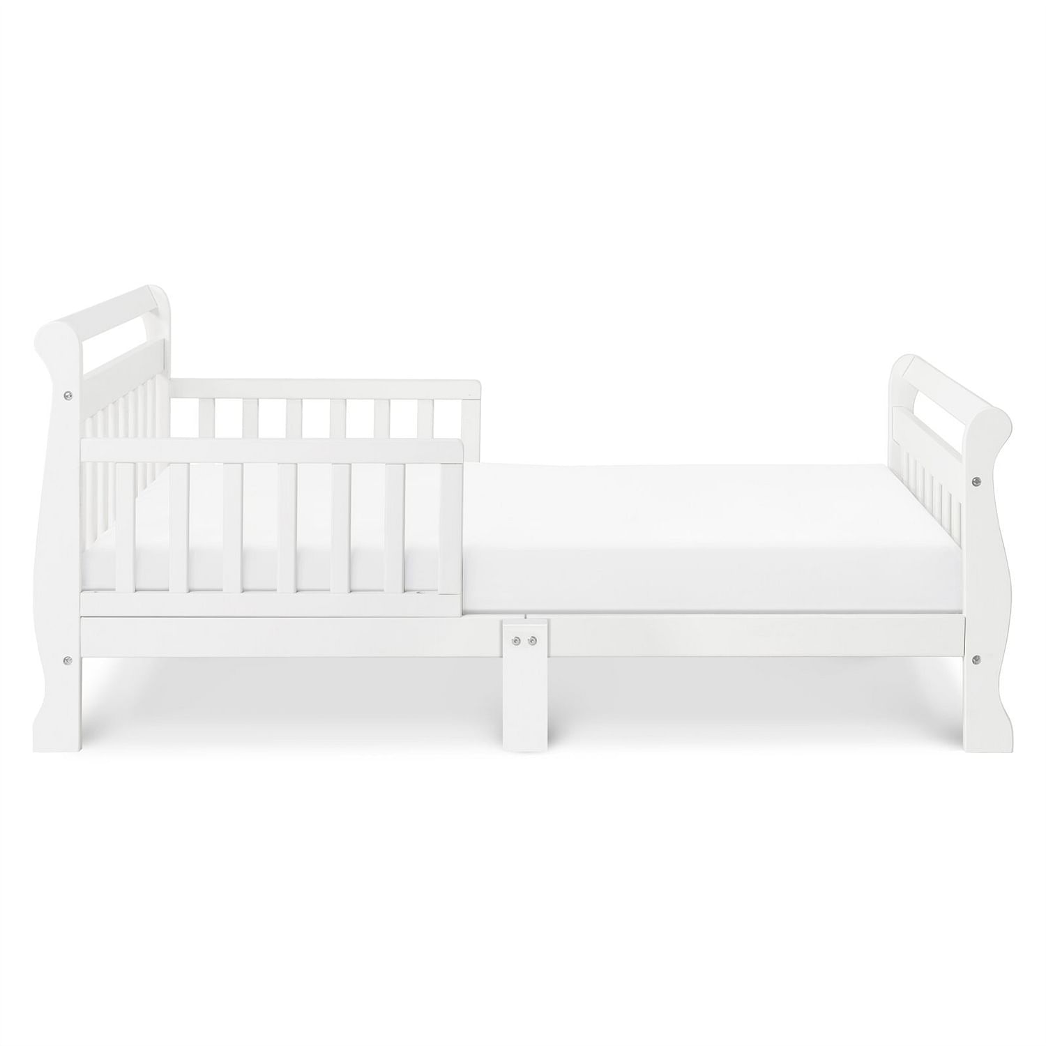 White Wooden Modern Toddler Sleigh Bed with Slatted Guard Rails - Free Shipping