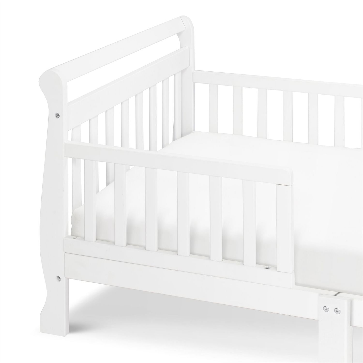 White Wooden Modern Toddler Sleigh Bed with Slatted Guard Rails - Free Shipping