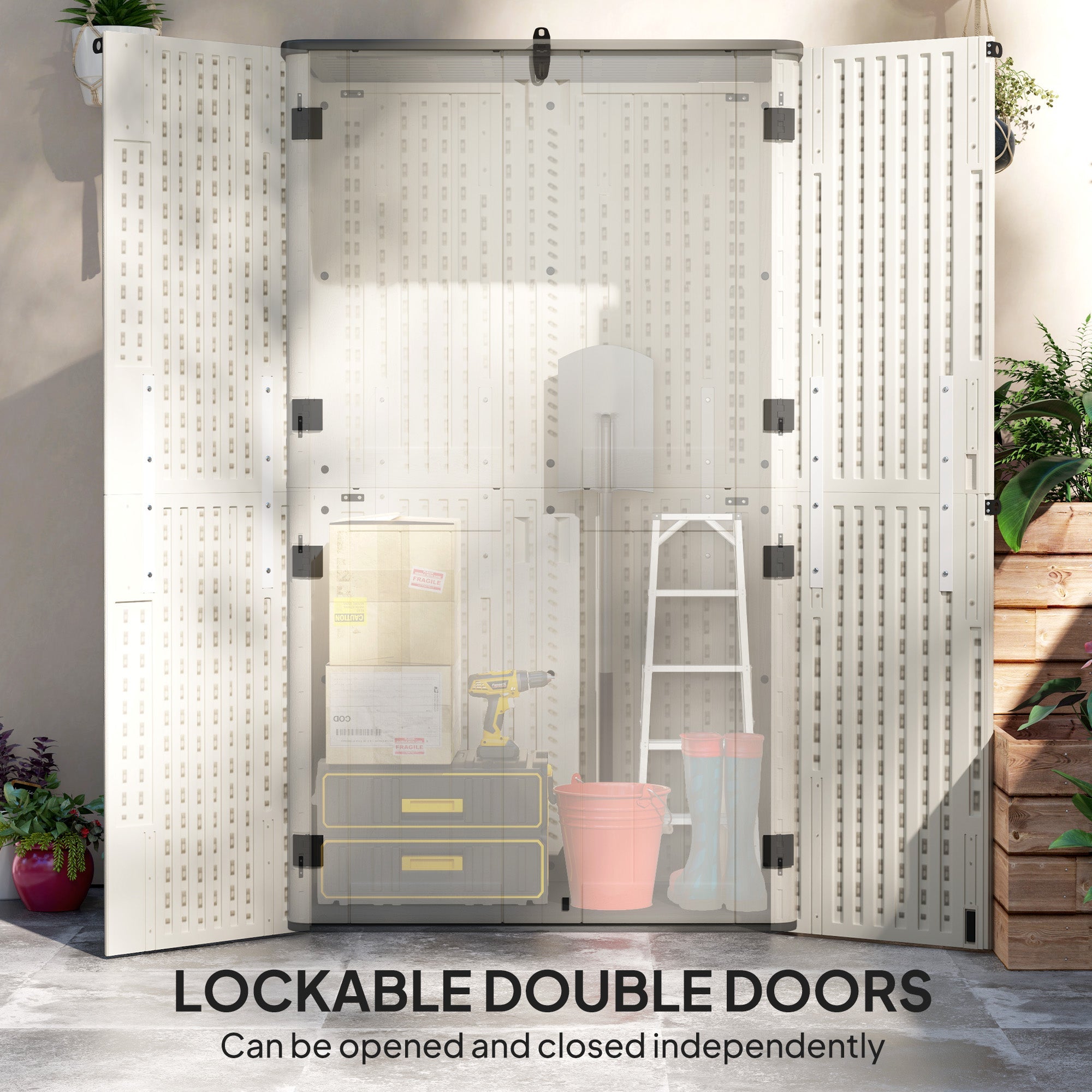 Outsunny 368 Gallon Outdoor Storage Cabinet with Openable Top and Lockable Doors for Lawnmower, Trash Can, Patio Accessories 