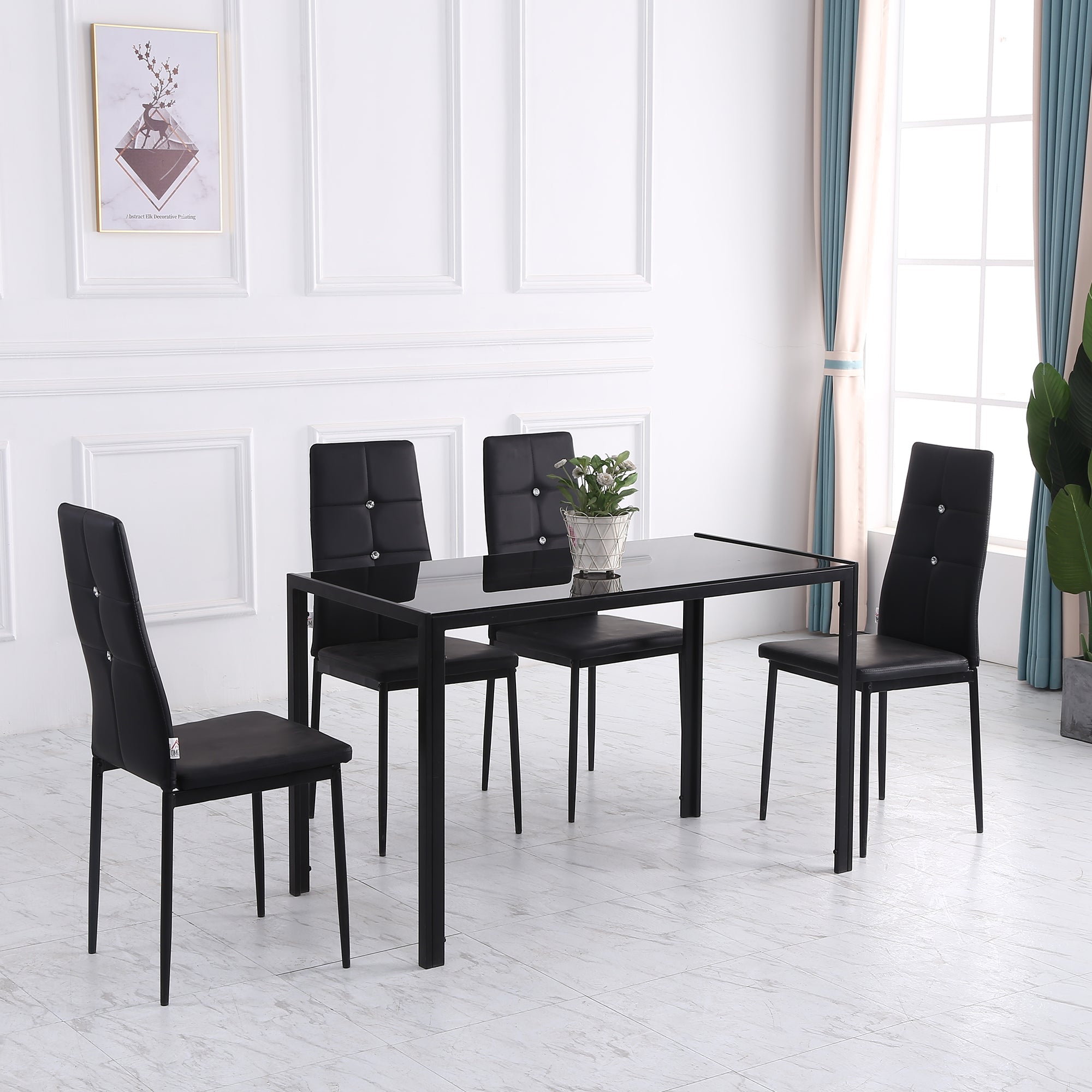 HOMCOM Set of 4 Modern Dining Chairs Black Faux Leather Upholstered with Button Tufted Back Metal Legs 