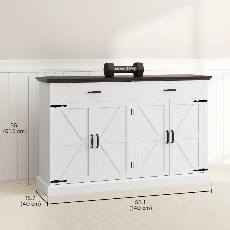 55" Buffet Cabinet, Farmhouse Sideboard with 1.2" Thick Top, 4 Barn Doors, 2 Drawers and 2 Adjustable Shelves, White