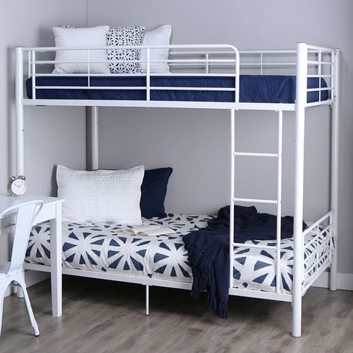 Twin over Twin Sturdy Steel Metal Bunk Bed in White Finish - Free Shipping