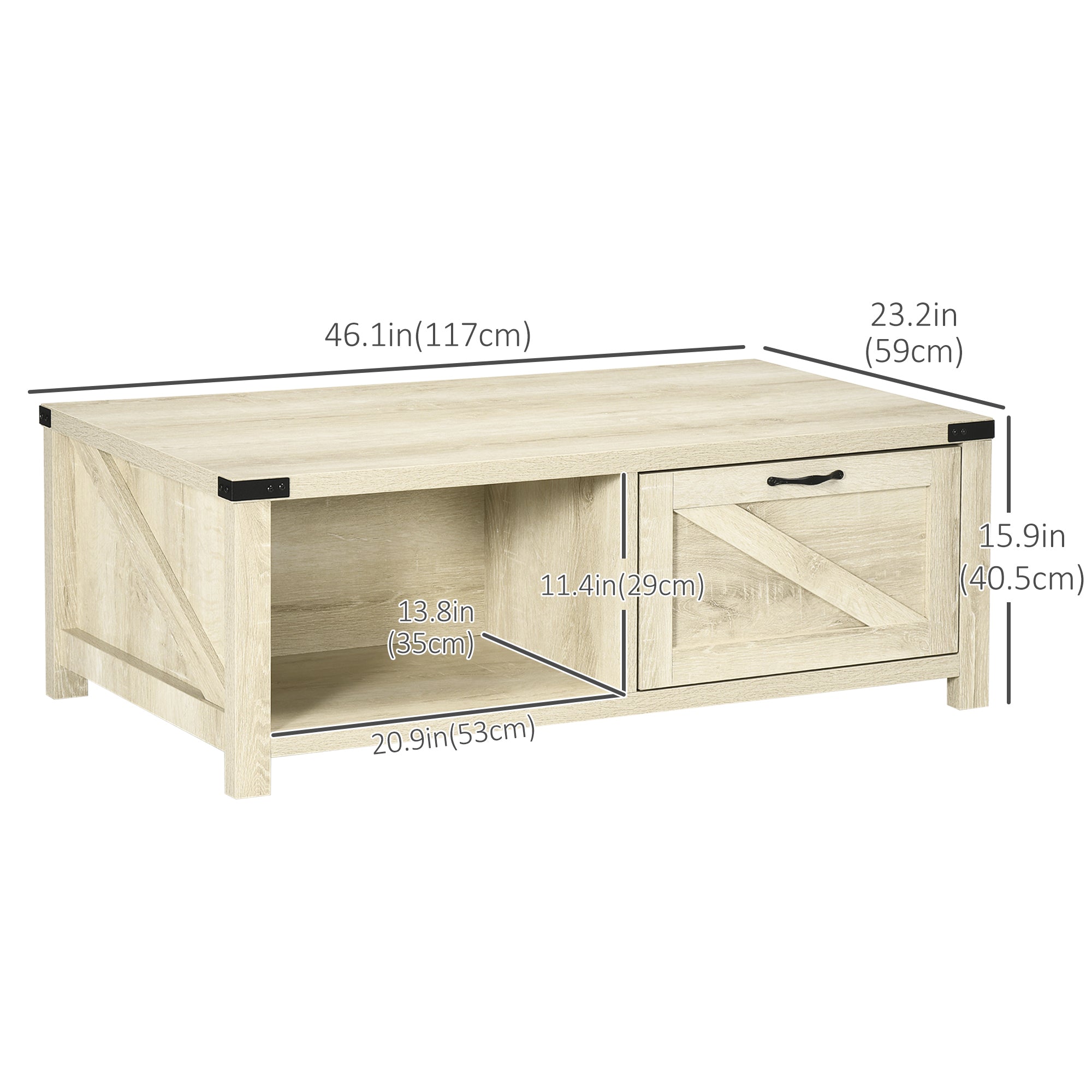 HOMCOM White Oak Farmhouse Coffee Table: Rustic Center Table with Drawer and Storage Shelf for Living Room 